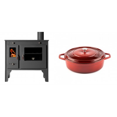 Set Küchenofen / Küchenhexe Prometey Retro Eco, 7kW + Gusseisen Topf Flach Solagio, Rubin, Ф26 - Kaminofen - Holzofen mit Backfach