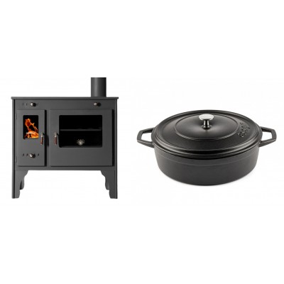 Set Küchenofen / Küchenhexe Prometey Retro Eco, 7kW + Gusseisen Topf Flach Solagio, Black Onyx, Ф28 - Kaminofen - Holzofen mit Backfach