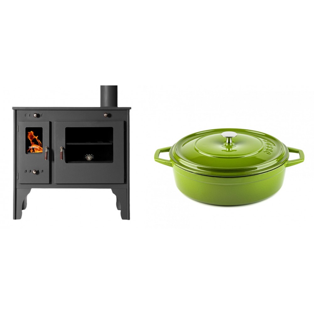 Set Küchenofen / Küchenhexe Prometey Retro Eco, 7kW + Gusseisen Topf Flach Solagio, Bamboo, Ф28