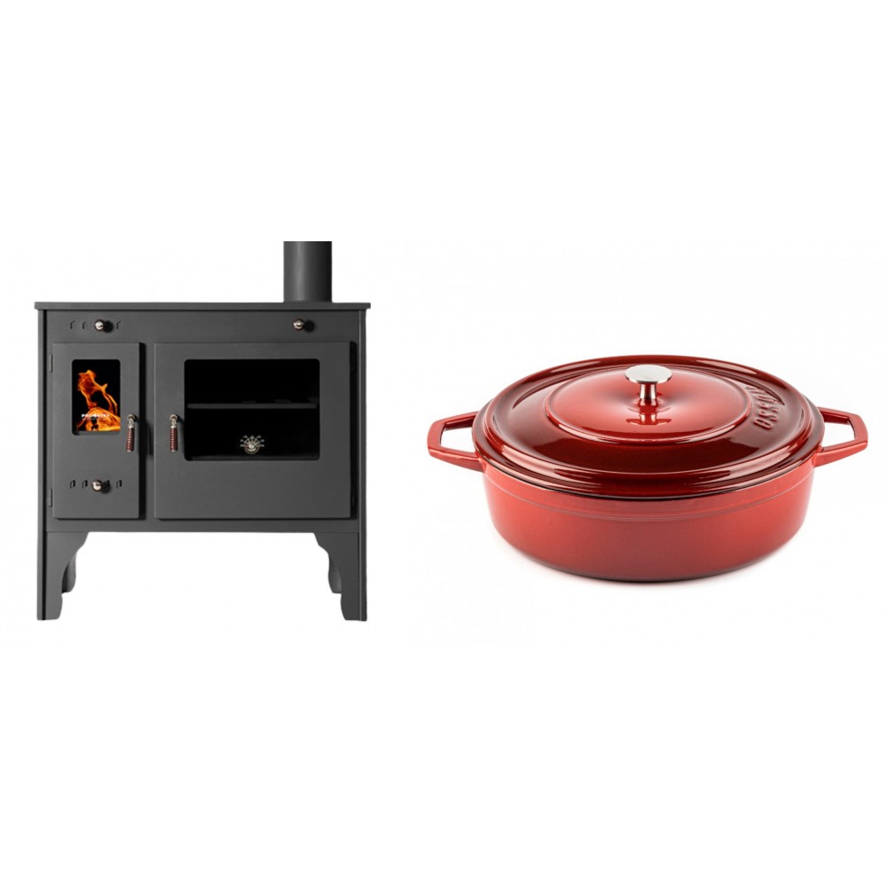Set Küchenofen / Küchenhexe Prometey Retro Eco, 7kW + Gusseisen Topf Flach Solagio, Rubin, Ф28 | Kaminofen - Holzofen mit Backfach | Kaminofen |