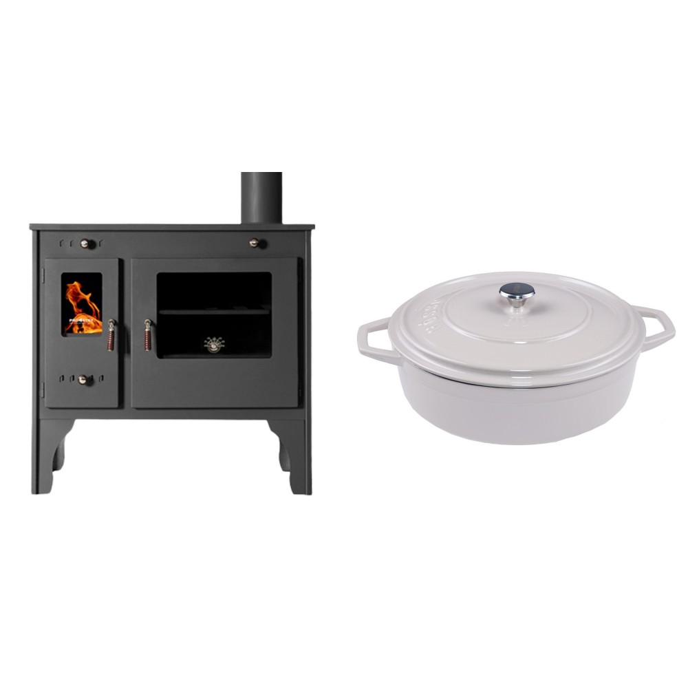 Set Küchenofen / Küchenhexe Prometey Retro Eco, 7kW + Gusseisen Topf Flach Solagio, Ivory, Ф28