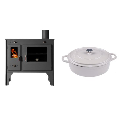 Set Küchenofen / Küchenhexe Prometey Retro Eco, 7kW + Gusseisen Topf Flach Solagio, Ivory, Ф28 - Kaminofen - Holzofen mit Backfach