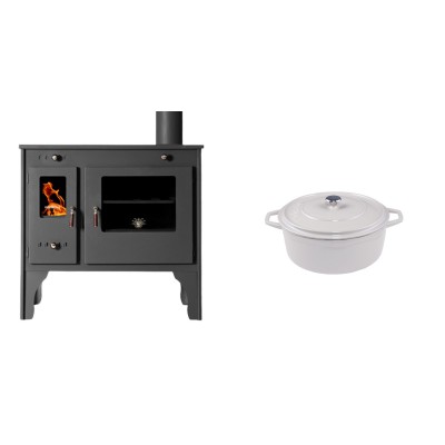 Set Küchenofen / Küchenhexe Prometey Retro Eco, 7kW + Gusseisen Topf Tiefer Solagio, Ivory, Ф12 - Kaminofen - Holzofen mit Backfach