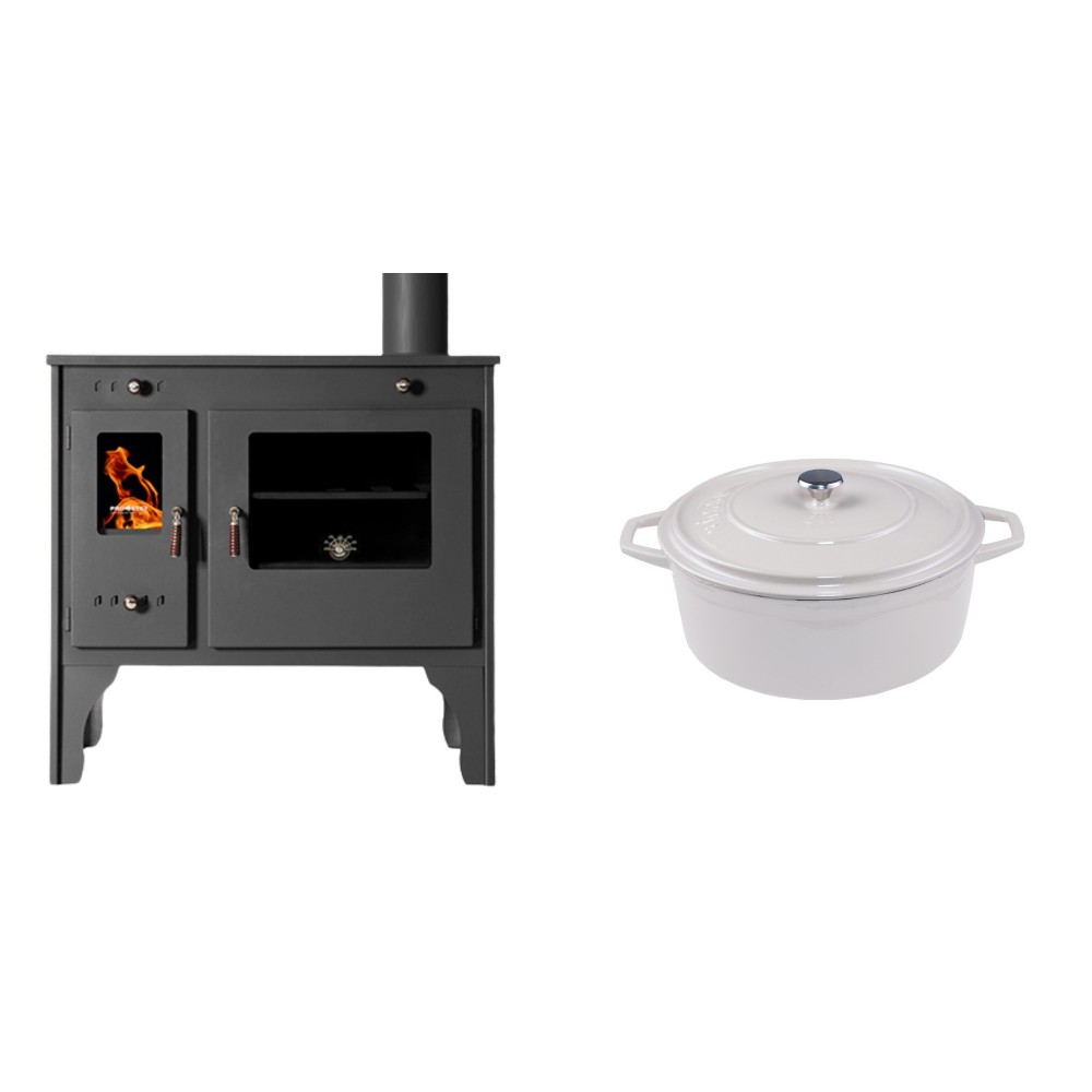 Set Küchenofen / Küchenhexe Prometey Retro Eco, 7kW + Gusseisen Topf Tiefer Solagio, Ivory, Ф20