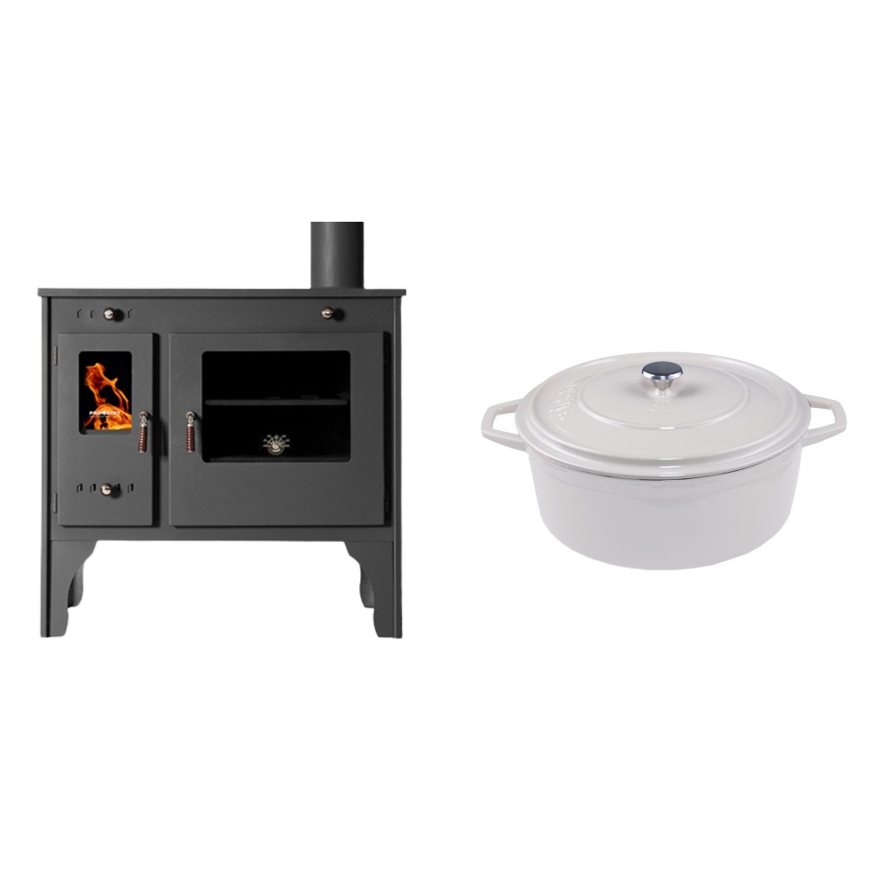 Set Küchenofen / Küchenhexe Prometey Retro Eco, 7kW + Gusseisen Topf Tiefer Solagio, Ivory, Ф24 | Kaminofen - Holzofen mit Backfach | Kaminofen |