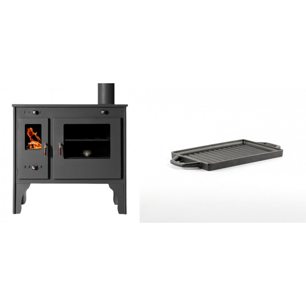 Set Küchenofen / Küchenhexe Prometey Retro Eco, 7kW + Mini-Grillplatte aus Gusseisen Solagio, 15.5x22.5cm | Kaminofen - Holzofen mit Backfach | Kaminofen |