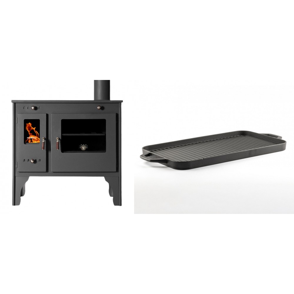 Set Küchenofen / Küchenhexe Prometey Retro Eco, 7kW + Große Grillplatte aus Gusseisen Solagio, 25x44cm