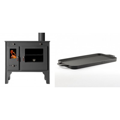 Set Küchenofen / Küchenhexe Prometey Retro Eco, 7kW + Große Grillplatte aus Gusseisen Solagio, 25x44cm - Kaminofen - Holzofen mit Backfach