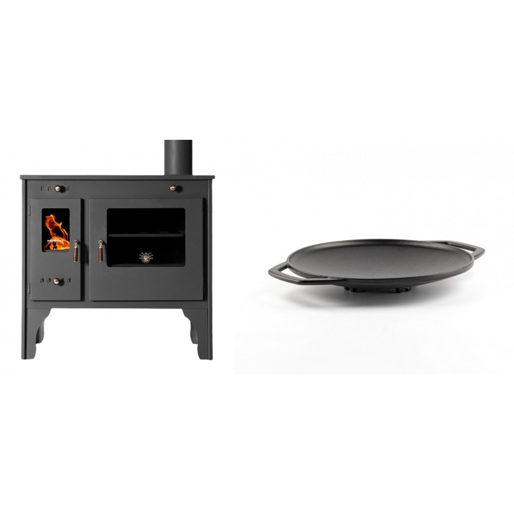 Set Küchenofen / Küchenhexe Prometey Retro Eco, 7kW + Backplatte aus Gusseisen Solagio, Ф28cm | Kaminofen - Holzofen mit Backfach | Kaminofen |