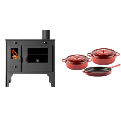 Set Küchenofen / Küchenhexe Prometey Retro Eco, 7kW + Gusseisen Topf Set aus 3 teilen Solagio, Rubin - Kaminofen - Holzofen mit Backfach