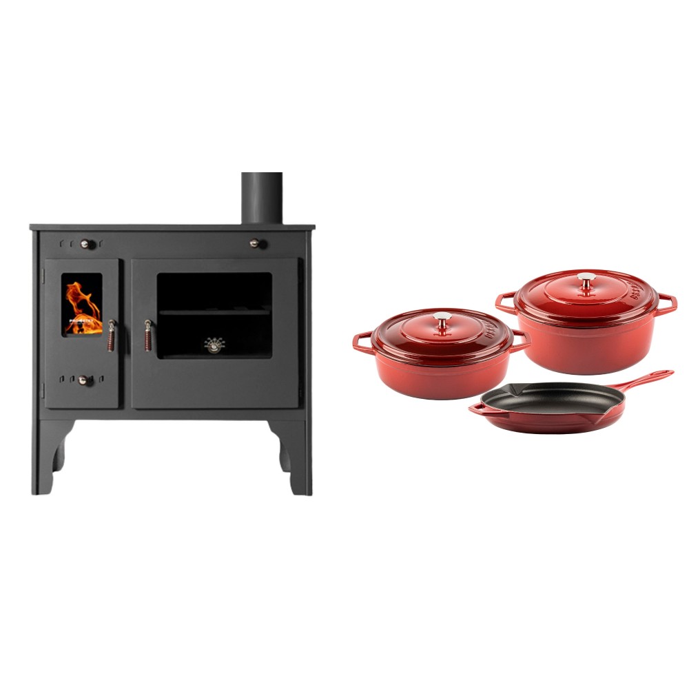 Set Küchenofen / Küchenhexe Prometey Retro Eco, 7kW + Gusseisen Topf Set aus 3 teilen Solagio, Rubin
