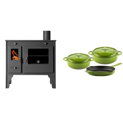 Set Küchenofen / Küchenhexe Prometey Retro Eco, 7kW + Gusseisen Topf Set aus 3 teilen Solagio, Bamboo - Kaminofen - Holzofen mit Backfach