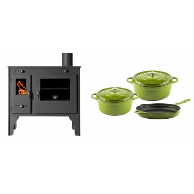 Set Küchenofen / Küchenhexe Prometey Retro Eco, 7kW + Gusseisen Topf Set aus 3 teilen Solagio, Bamboo - Kaminofen - Holzofen mit Backfach