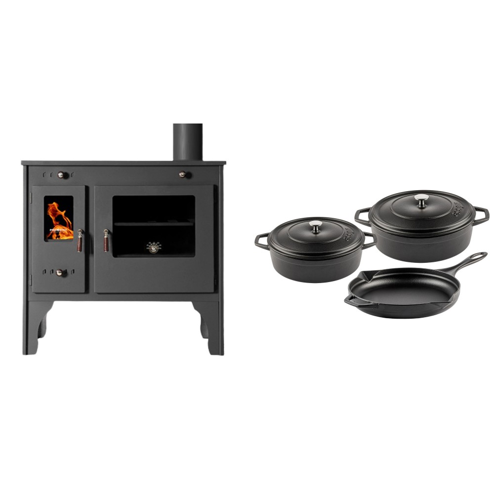 Set Küchenofen / Küchenhexe Prometey Retro Eco, 7kW + Gusseisen Topf Set aus 3 teilen Solagio, Black Onyx