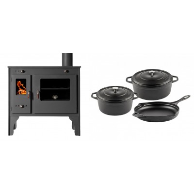 Set Küchenofen / Küchenhexe Prometey Retro Eco, 7kW + Gusseisen Topf Set aus 3 teilen Solagio, Black Onyx - Kaminofen - Holzofen mit Backfach