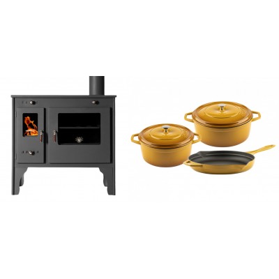 Set Küchenofen / Küchenhexe Prometey Retro Eco, 7kW + Gusseisen Topf Set aus 3 teilen Solagio, Dijon - Kaminofen - Holzofen mit Backfach
