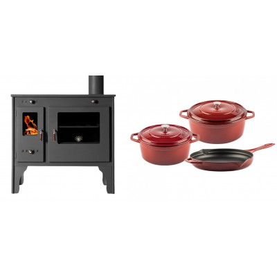 Set Küchenofen / Küchenhexe Prometey Retro Eco, 7kW + Gusseisen Topf Set aus 3 teilen Solagio, Rubin - Kaminofen - Holzofen mit Backfach