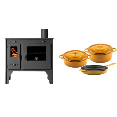 Set Küchenofen / Küchenhexe Prometey Retro Eco, 7kW + Gusseisen Topf Set aus 3 teilen Solagio, Dijon - Kaminofen - Holzofen mit Backfach