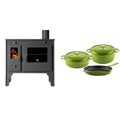Set Küchenofen / Küchenhexe Prometey Retro Eco, 7kW + Gusseisen Topf Set aus 3 teilen Solagio, Bamboo - Kaminofen - Holzofen mit Backfach