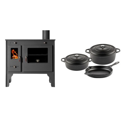 Set Küchenofen / Küchenhexe Prometey Retro Eco, 7kW + Gusseisen Topf Set aus 3 teilen Solagio, Black Onyx - Kaminofen - Holzofen mit Backfach
