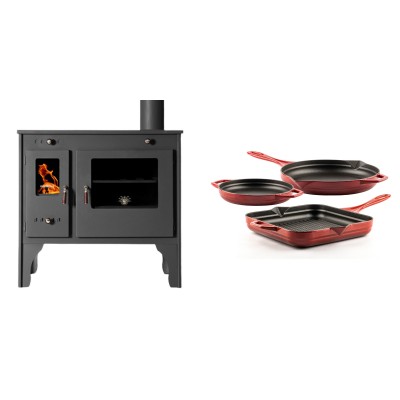 Set Küchenofen / Küchenhexe Prometey Retro Eco, 7kW + Gusseisen Topf Set aus 3 teilen Solagio, Rubin - Kaminofen - Holzofen mit Backfach