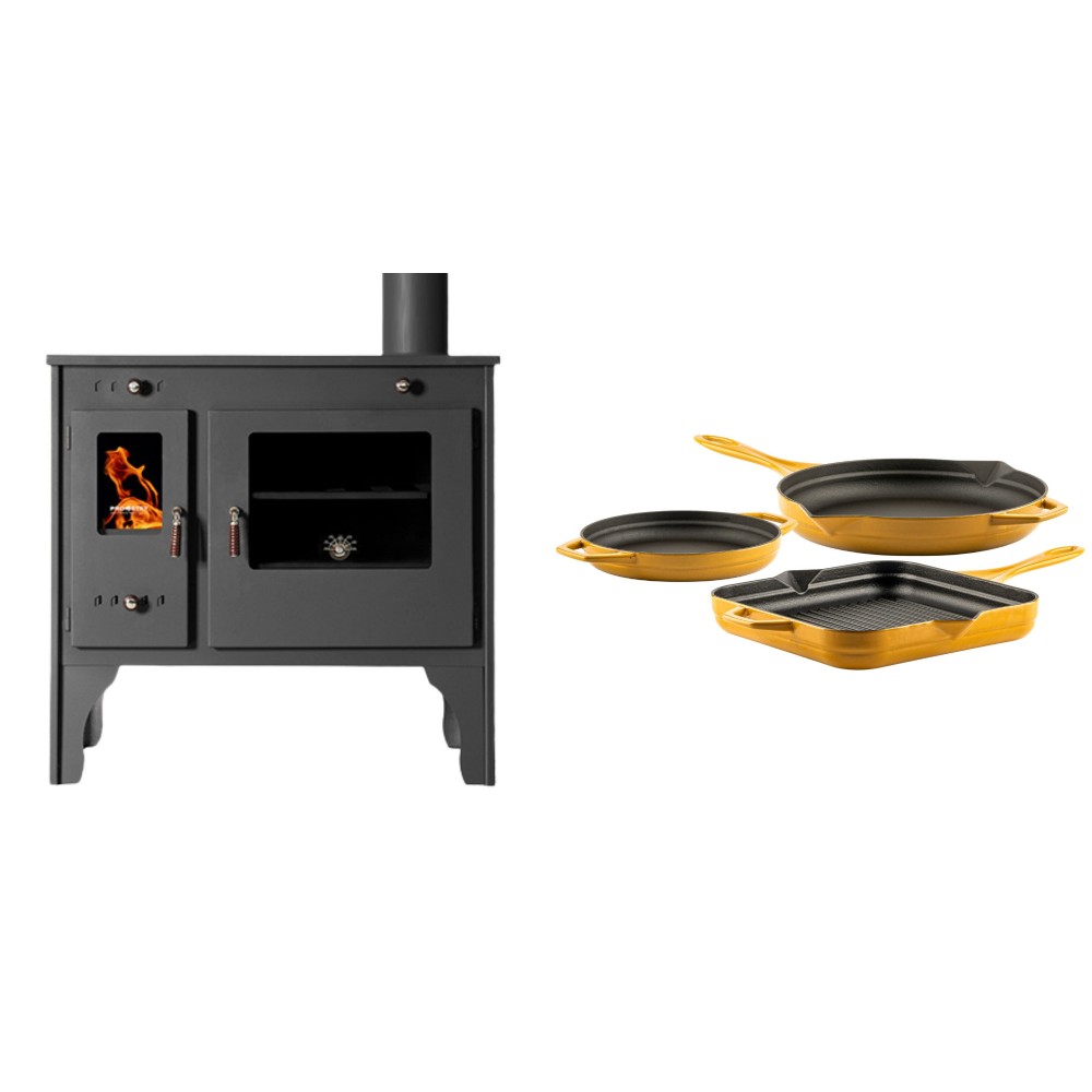 Set Küchenofen / Küchenhexe Prometey Retro Eco, 7kW + Gusseisen Topf Set aus 3 teilen Solagio, Dijon