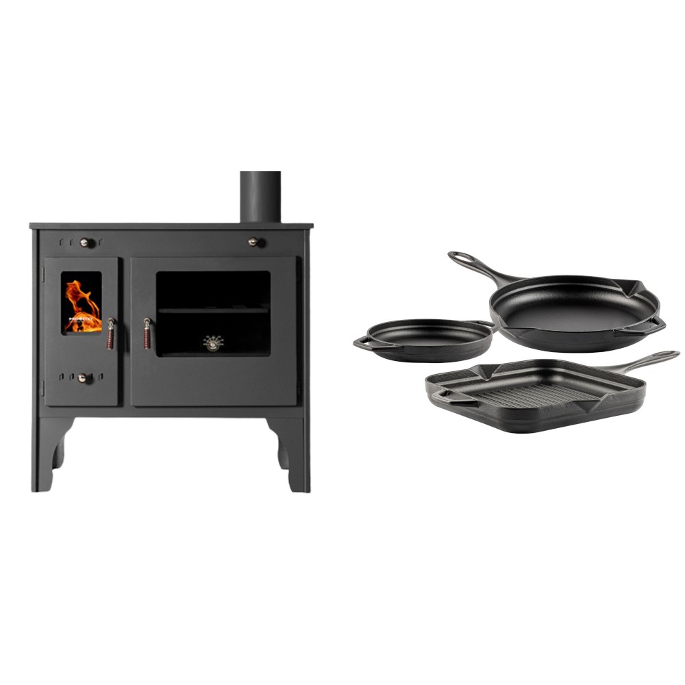 Set Küchenofen / Küchenhexe Prometey Retro Eco, 7kW + Gusseisen Topf Set aus 3 teilen Solagio, Black Onyx