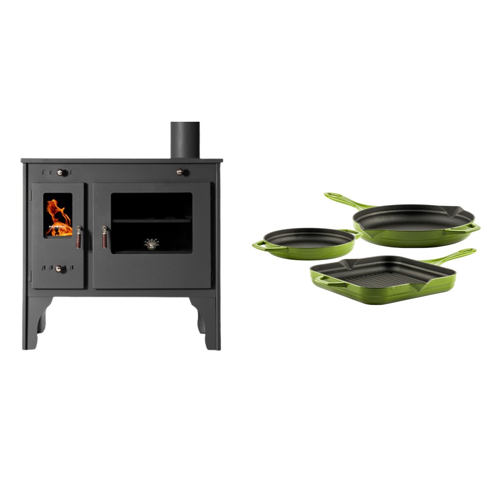 Set Küchenofen / Küchenhexe Prometey Retro Eco, 7kW + Gusseisen Topf Set aus 3 teilen Solagio, Bamboo | Kaminofen - Holzofen mit Backfach | Kaminofen |