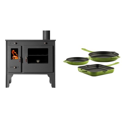 Set Küchenofen / Küchenhexe Prometey Retro Eco, 7kW + Gusseisen Topf Set aus 3 teilen Solagio, Bamboo - Kaminofen - Holzofen mit Backfach