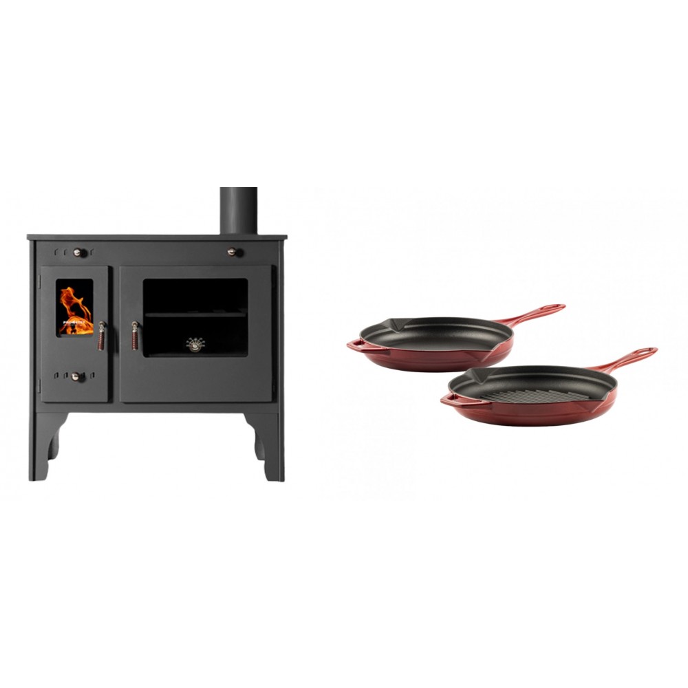 Set Küchenofen / Küchenhexe Prometey Retro Eco, 7kW + Gusseisen Topf Set aus 2 teilen Solagio, Rubin