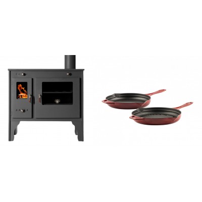 Set Küchenofen / Küchenhexe Prometey Retro Eco, 7kW + Gusseisen Topf Set aus 2 teilen Solagio, Rubin - Kaminofen - Holzofen mit Backfach