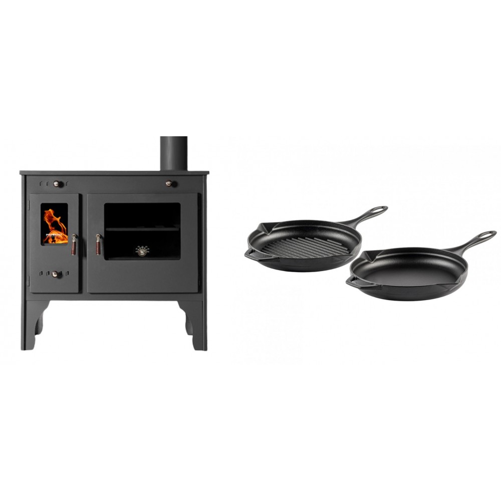 Set Küchenofen / Küchenhexe Prometey Retro Eco, 7kW + Gusseisen Topf Set aus 2 teilen Solagio, Black Onyx