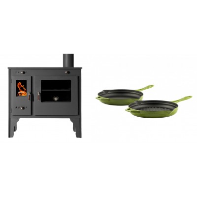 Set Küchenofen / Küchenhexe Prometey Retro Eco, 7kW + Gusseisen Topf Set aus 2 teilen Solagio, Bamboo - Kaminofen - Holzofen mit Backfach