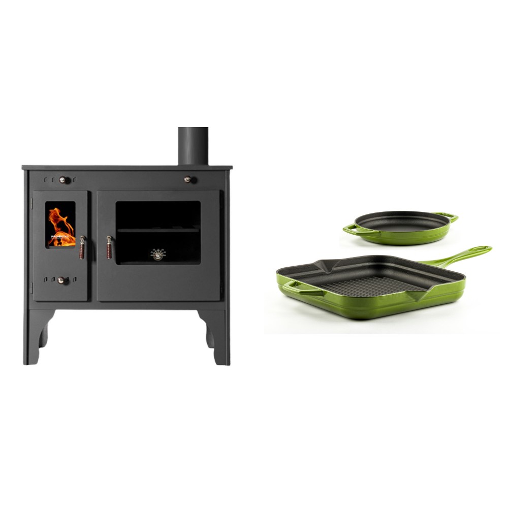 Set Küchenofen / Küchenhexe Prometey Retro Eco, 7kW + Gusseisen Topf Set aus 2 teilen Solagio, Bamboo