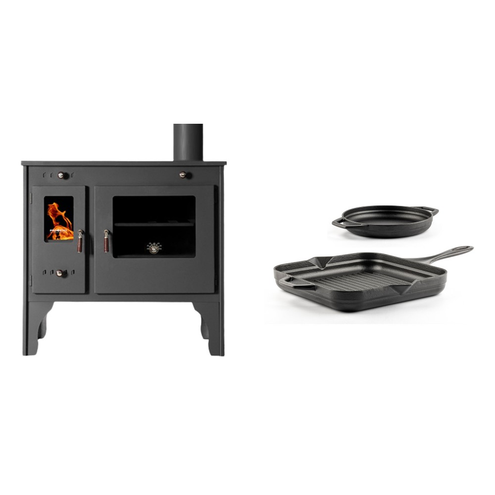 Set Küchenofen / Küchenhexe Prometey Retro Eco, 7kW + Gusseisen Topf Set aus 2 teilen Solagio, Black Onyx