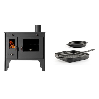 Set Küchenofen / Küchenhexe Prometey Retro Eco, 7kW + Gusseisen Topf Set aus 2 teilen Solagio, Black Onyx - Kaminofen - Holzofen mit Backfach