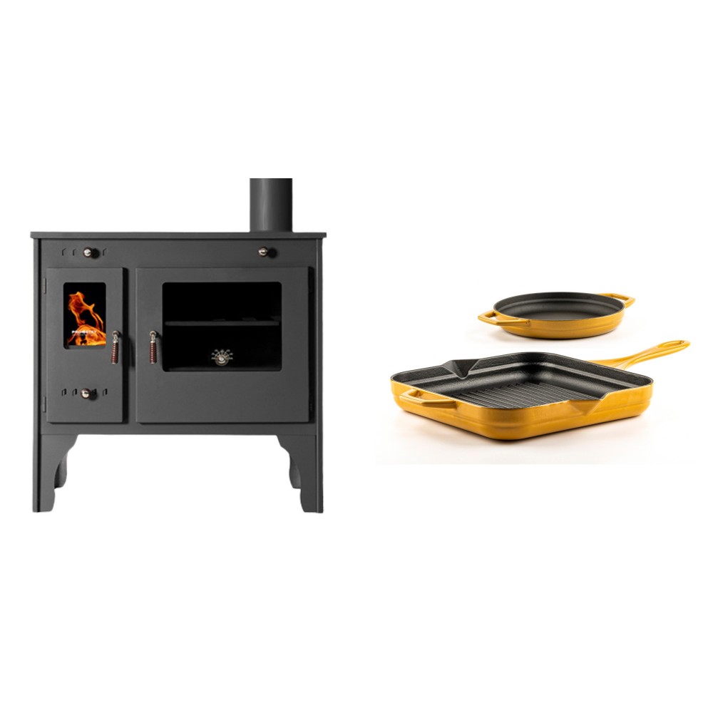Set Küchenofen / Küchenhexe Prometey Retro Eco, 7kW + Gusseisen Topf Set aus 2 teilen Solagio, Dijon | Kaminofen - Holzofen mit Backfach | Kaminofen |