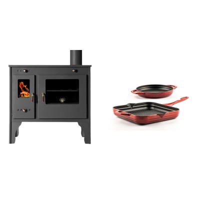 Set Küchenofen / Küchenhexe Prometey Retro Eco, 7kW + Gusseisen Topf Set aus 2 teilen Solagio, Rubin - Kaminofen - Holzofen mit Backfach