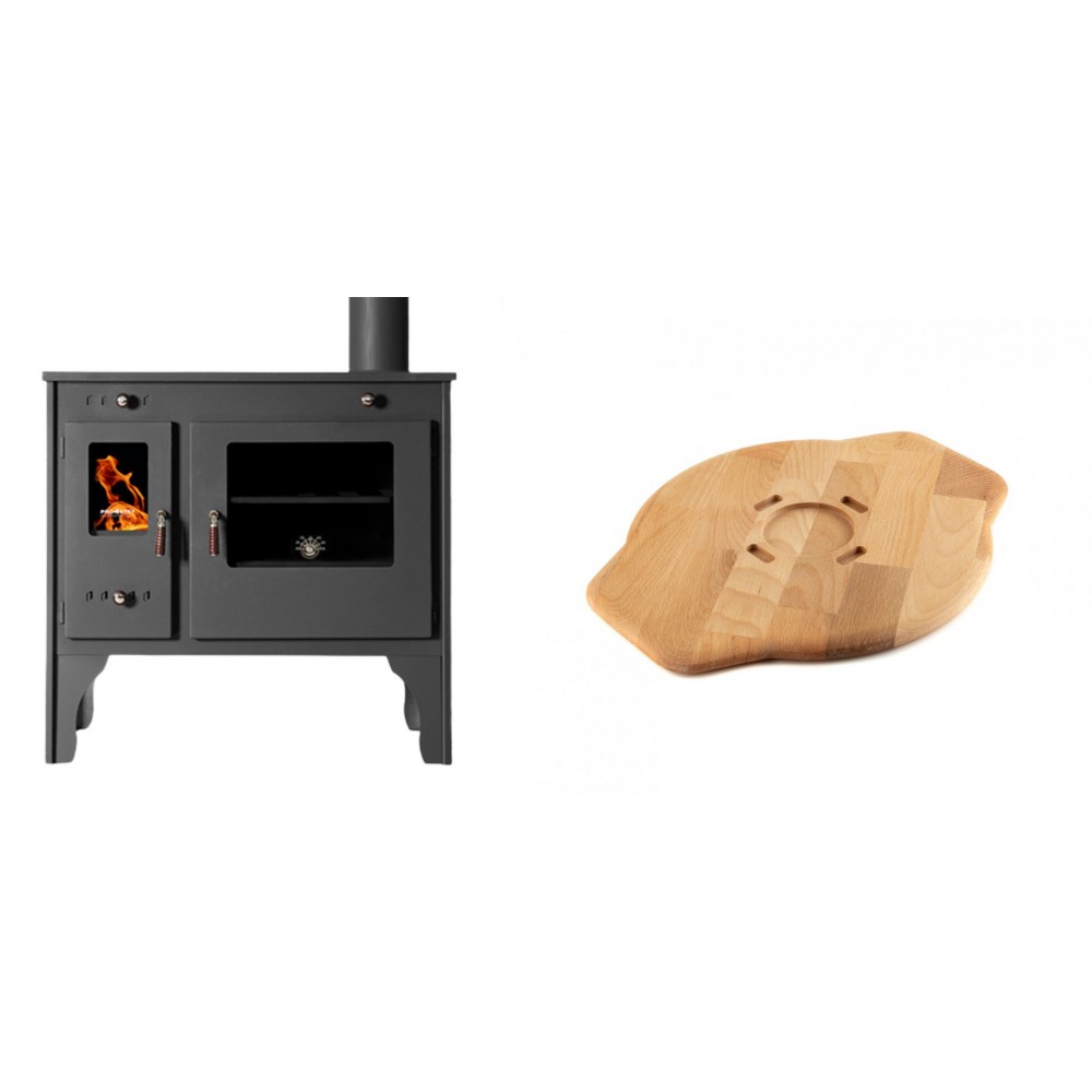 Set Küchenofen / Küchenhexe Prometey Retro Eco, 7kW + Holz untersetzer für Gusseisenplatte Solagio HSYSAK28