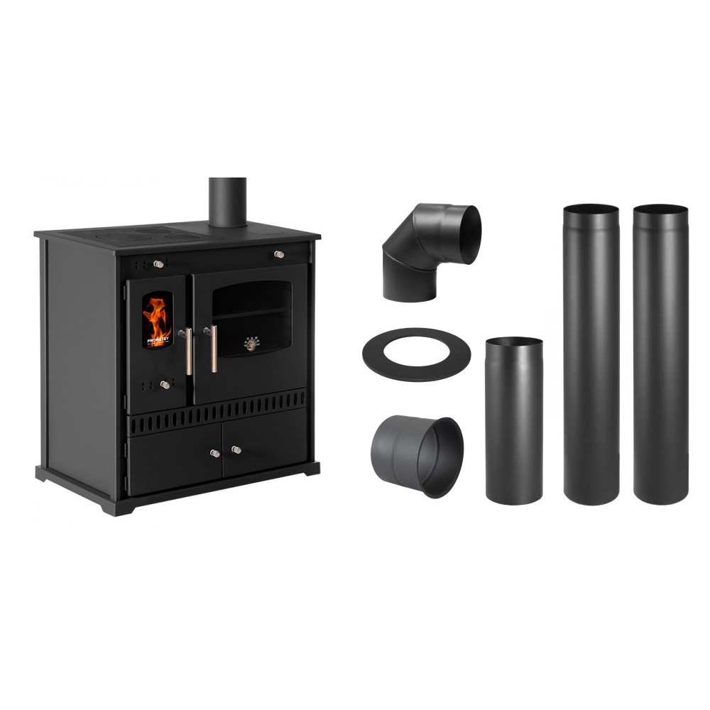 Set Küchenofen / Küchenhexe Prometey Perfect Eco, 7kW + Schornstein Bausatz PARKANEX, Stahl Ø130, Dicke 2mm | Kaminofen - Holzofen mit Backfach | Kaminofen |