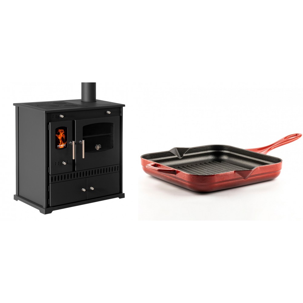 Set Küchenofen / Küchenhexe Prometey Perfect Eco, 7kW + Emaillierte grillpfanne Gusseisen Solagio, Rubin, 28x28cm | Kaminofen - Holzofen mit Backfach | Kaminofen |