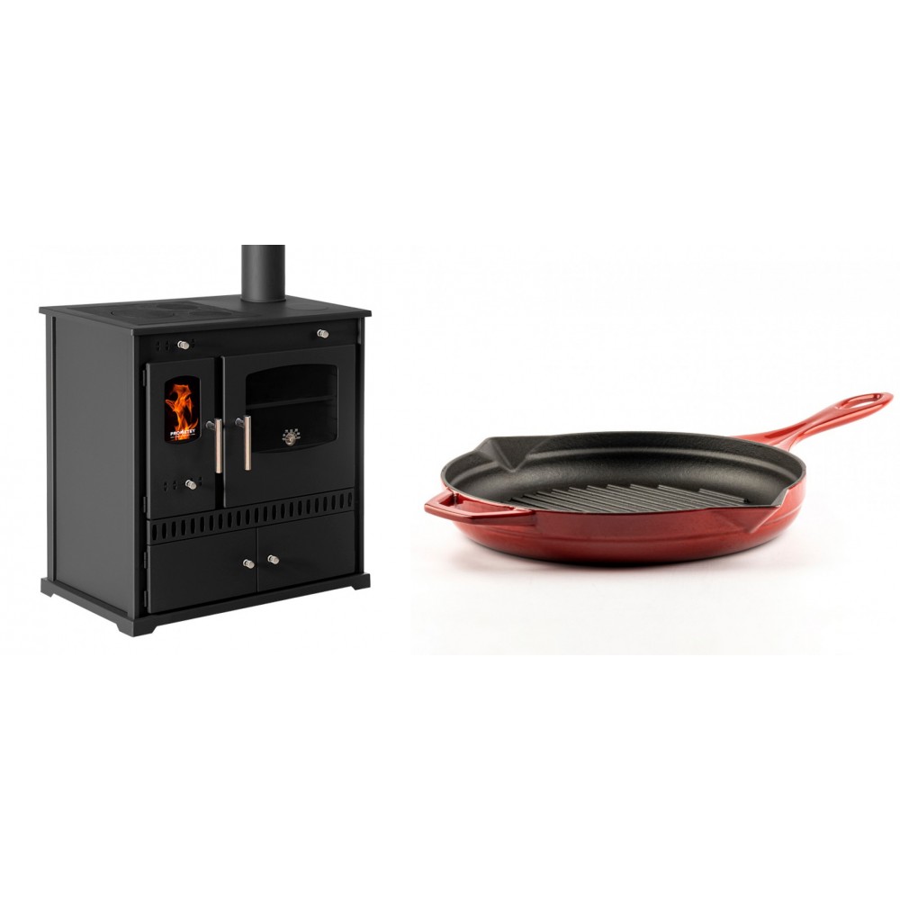 Set Küchenofen / Küchenhexe Prometey Perfect Eco, 7kW + Emaillierte grillpfanne Gusseisen Solagio, Rubin, Ф28cm