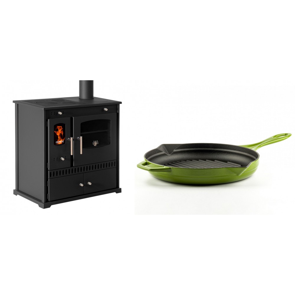 Set Küchenofen / Küchenhexe Prometey Perfect Eco, 7kW + Emaillierte grillpfanne Gusseisen Solagio, Bamboo, Ф28cm | Kaminofen - Holzofen mit Backfach | Kaminofen |