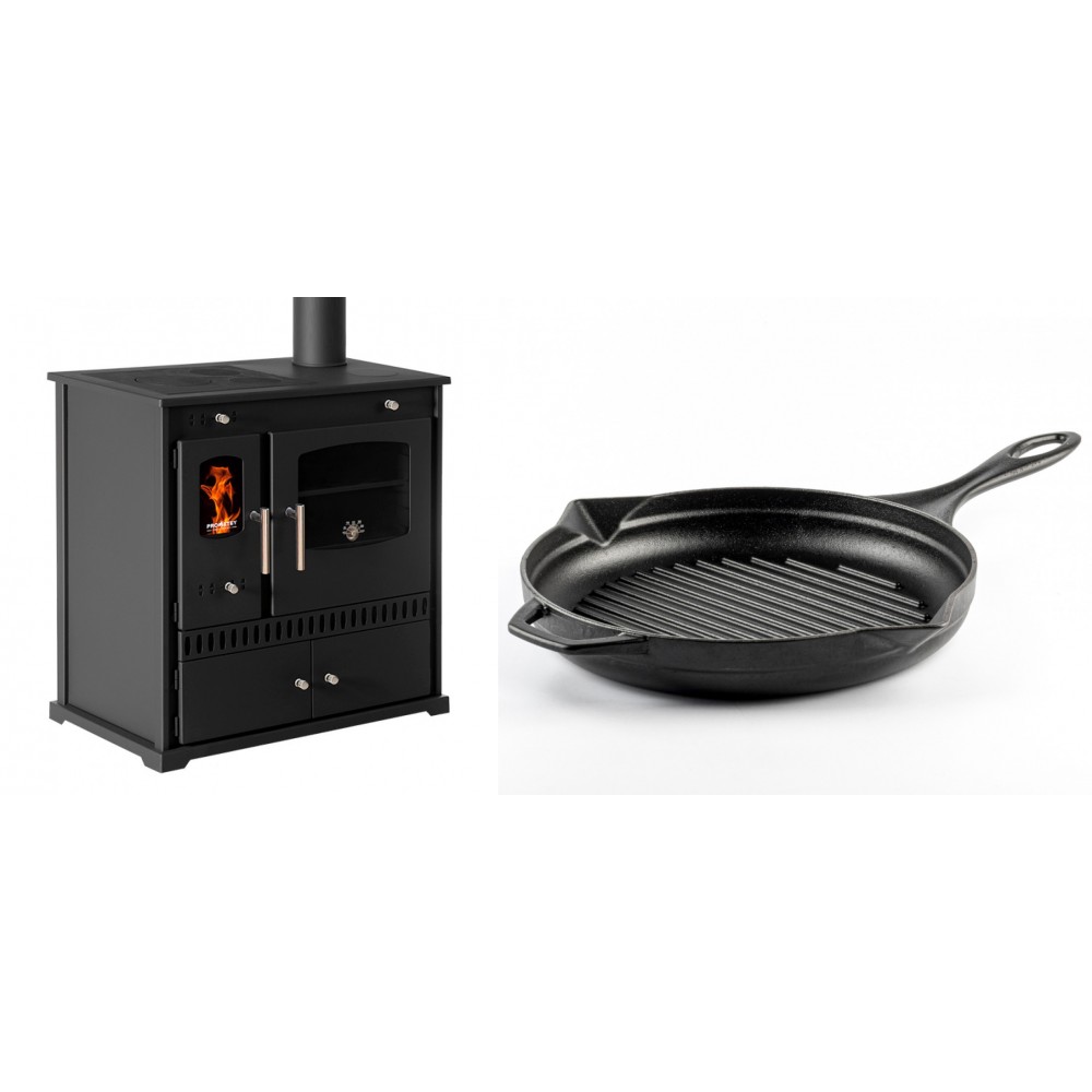 Set Küchenofen / Küchenhexe Prometey Perfect Eco, 7kW + Emaillierte grillpfanne Gusseisen Solagio, Black Onyx, Ф28cm