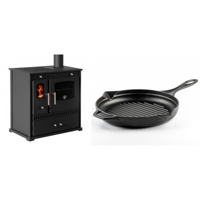 Set Küchenofen / Küchenhexe Prometey Perfect Eco, 7kW + Emaillierte grillpfanne Gusseisen Solagio, Black Onyx, Ф28cm - Prometey