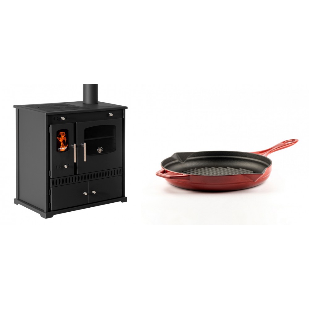 Set Küchenofen / Küchenhexe Prometey Perfect Eco, 7kW + Emaillierte grillpfanne Gusseisen Solagio, Rubin, Ф24cm | Kaminofen - Holzofen mit Backfach | Kaminofen |