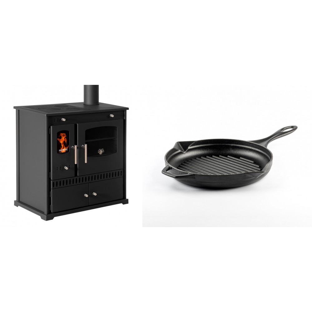 Set Küchenofen / Küchenhexe Prometey Perfect Eco, 7kW + Emaillierte grillpfanne Gusseisen Solagio, Black Onyx, Ф24cm | Kaminofen - Holzofen mit Backfach | Kaminofen |
