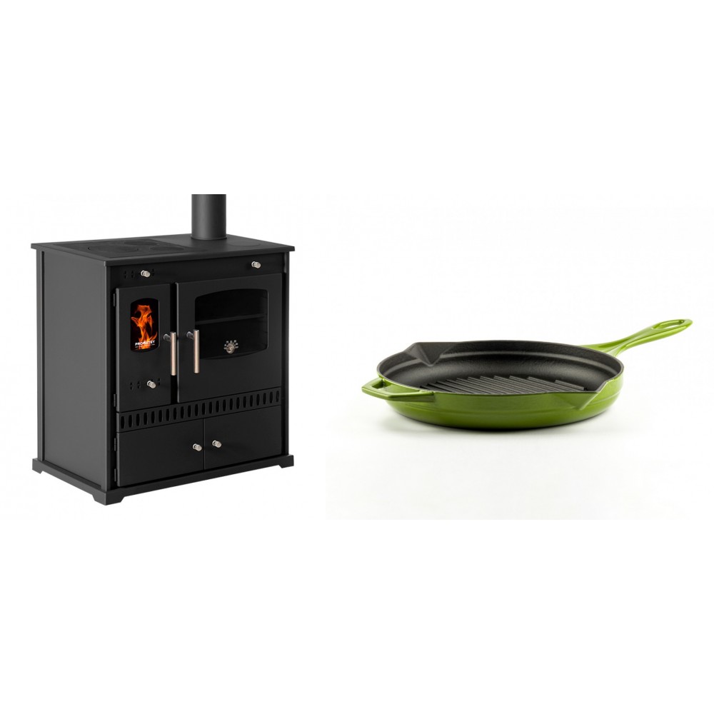 Set Küchenofen / Küchenhexe Prometey Perfect Eco, 7kW + Emaillierte grillpfanne Gusseisen Solagio, Bamboo, Ф24cm | Kaminofen - Holzofen mit Backfach | Kaminofen |