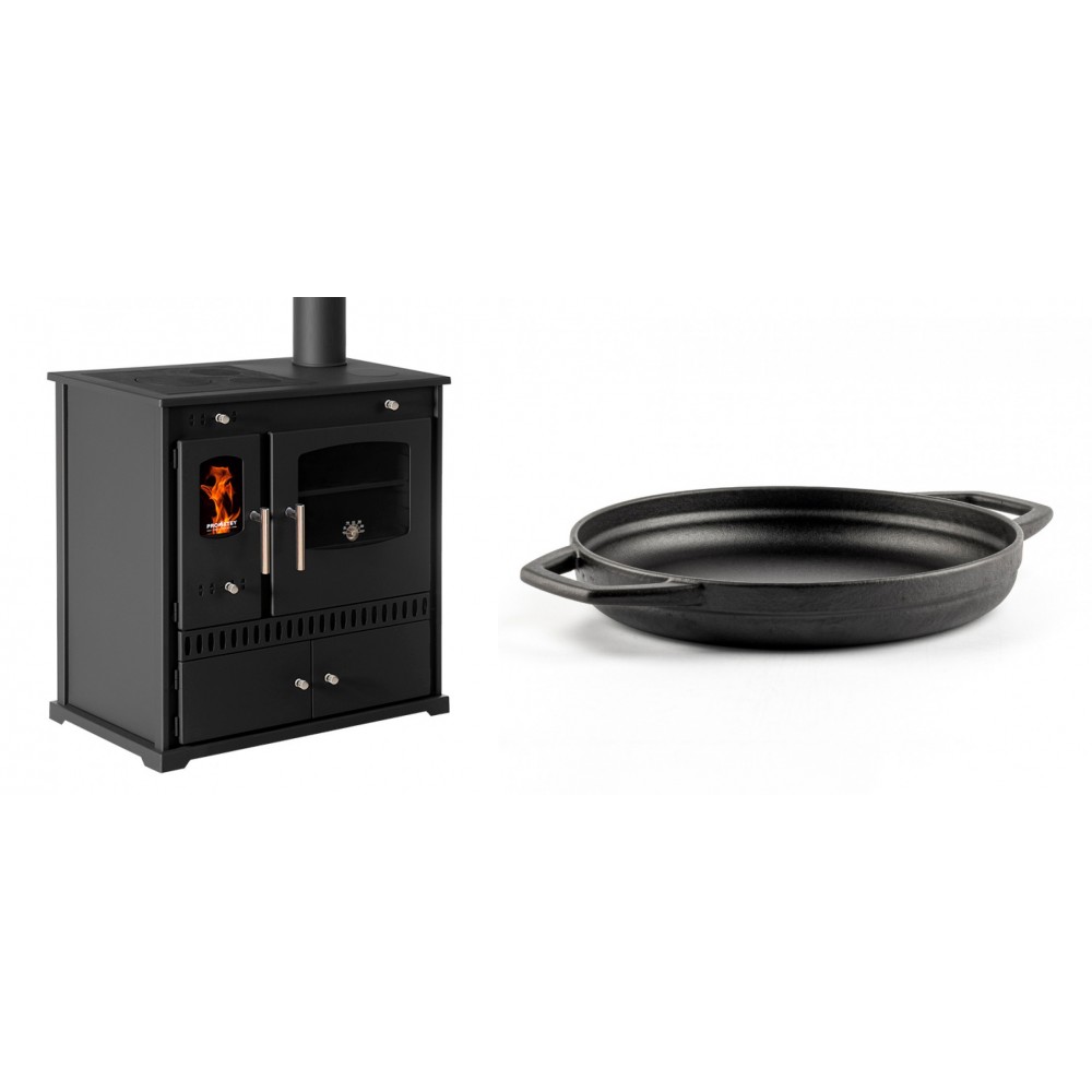 Set Küchenofen / Küchenhexe Prometey Perfect Eco, 7kW + Emaillierte gusseisenpfanne mit zwei Griffen Solagio, Black Onyx, Ф22cm