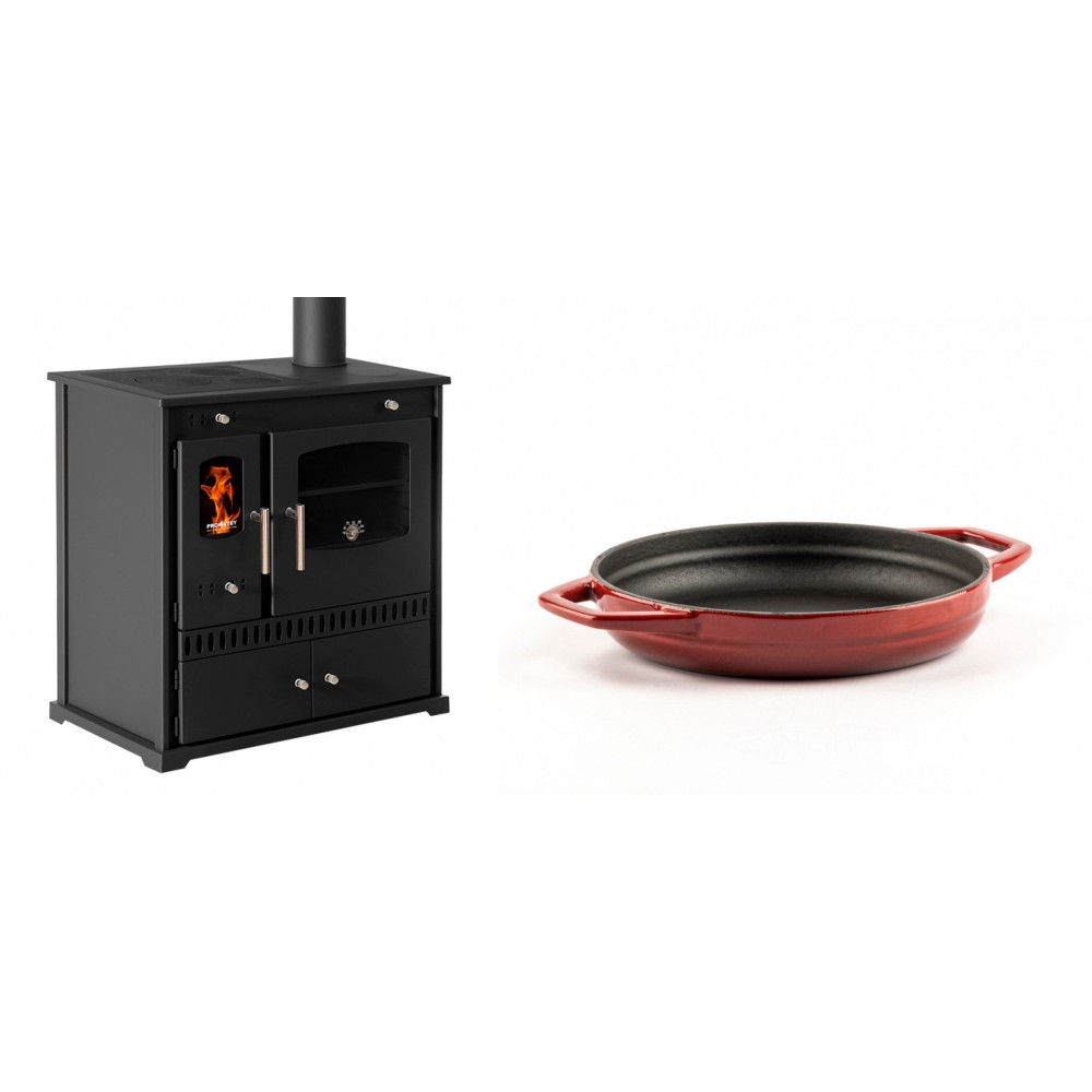 Set Küchenofen / Küchenhexe Prometey Perfect Eco, 7kW + Emaillierte gusseisenpfanne mit zwei Griffen Solagio, Rubin, Ф19cm | Kaminofen - Holzofen mit Backfach | Kaminofen |